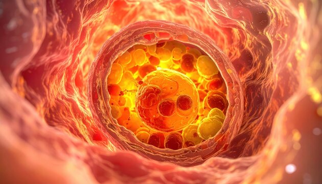 Microscopic analysis of gastric tissue showing cellular structures and organic textures within a biological system