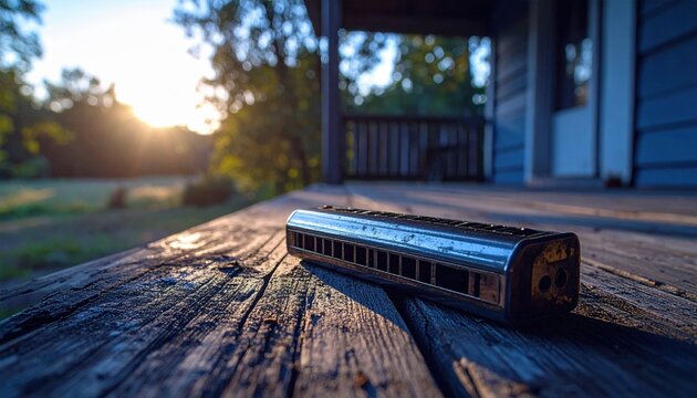 A classic metal harmonica rests on a weathered wooden porch during a serene golden hour sunset