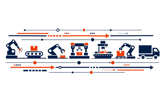 Factory assembly line transformed into abstract connected nodes and data
