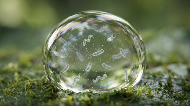 Ultra realistic microscopic shot of bacteria inside water droplet, reflective liquid textures, cinematic science macro