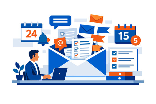 An email productivity dashboard: a professional figure at a desk with an