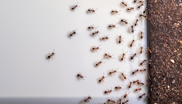 lots of ants crawling white kitchen bench pest control bugs repellent dirty home infestation banner background copy space solution inspection concept