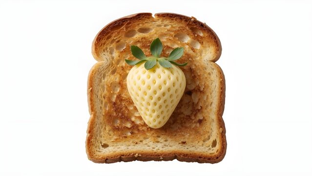 White pineberry on toasted bread, fresh pineberry strawberry fruit on golden brown toast, healthy breakfast snack isolated on white background