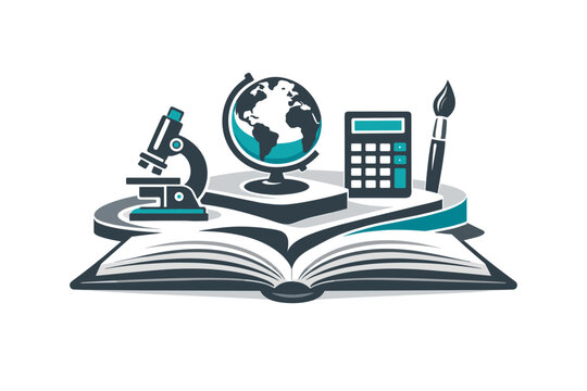 An open textbook with subjects represented as distinct visual layers a