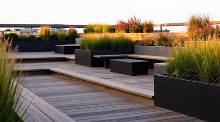 Naklejka premium Modern rooftop garden with wood decking and minimalist planters. Native grasses and simple outdoor seating create a serene urban oasis. This design offers a peaceful retreat in a city setting.