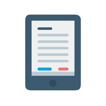 Digital reader displaying text with blue and red button, over black backdrop.