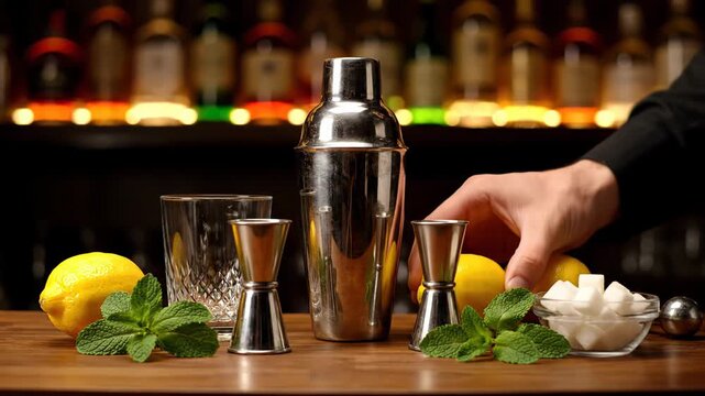 Close-up of bar setup, shaker, jiggers, glass, lemon, mint, sugar cubes, and bartender's hand