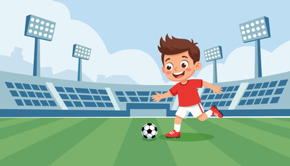 Young cute boy soccer player character running with ball on green stadium pitch sport vector illustration pack © Rashida