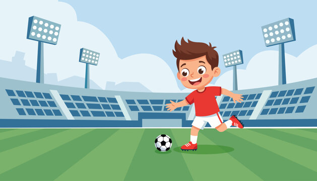Young cute boy soccer player character running with ball on green stadium pitch sport vector illustration pack