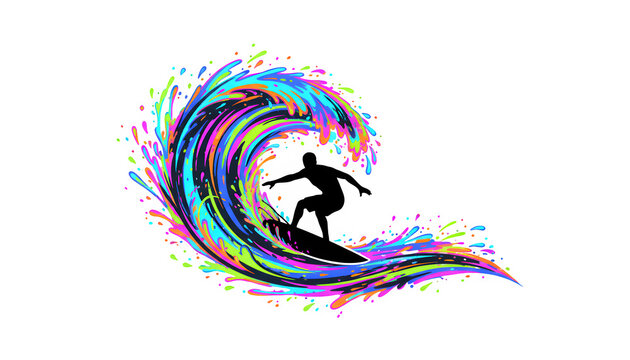 Vibrant colorful surfing silhouette, surfer riding a rainbow splash wave, artistic multi-color ocean surf illustration on white background