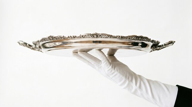 Hand in white glove holding ornate silver tray for serving food or drinks presentation service.