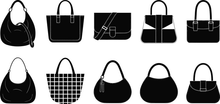 Collection of women fashion handbag silhouettes icons set, various purse and tote bag shapes, vector female accessories for shopping design.