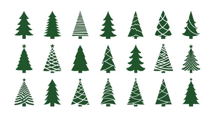 Obraz premium Minimalist Christmas tree icons set, 21 dark green pine tree vector silhouettes, modern holiday spruce and fir tree illustrations for winter branding