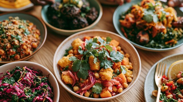 Diverse assortment of colorful vegetarian dishes served in bowls on a wooden table, featuring chickpeas, cauliflower, and fresh herbs in a vibrant culinary display