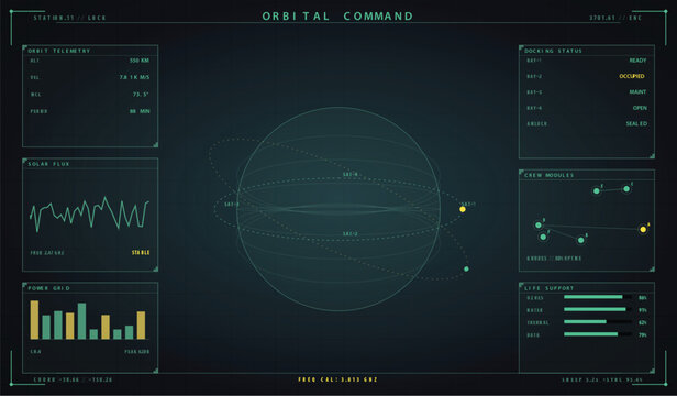 Futuristic orbital command dashboard interface with data visualization vector illustration