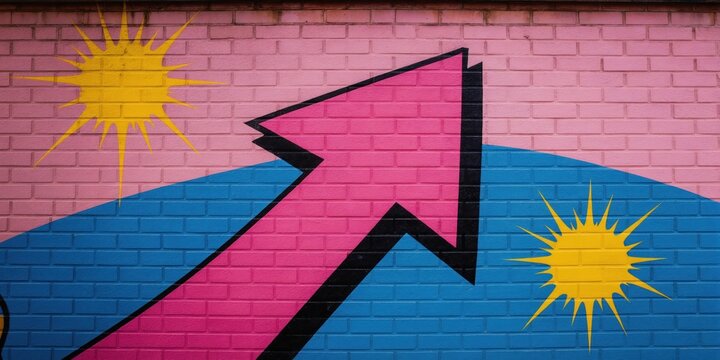 Colorful brick wall mural features a bright pink arrow pointing upward. Two yellow sunburst shapes punctuate the abstract graphic design on pink and blue sections.