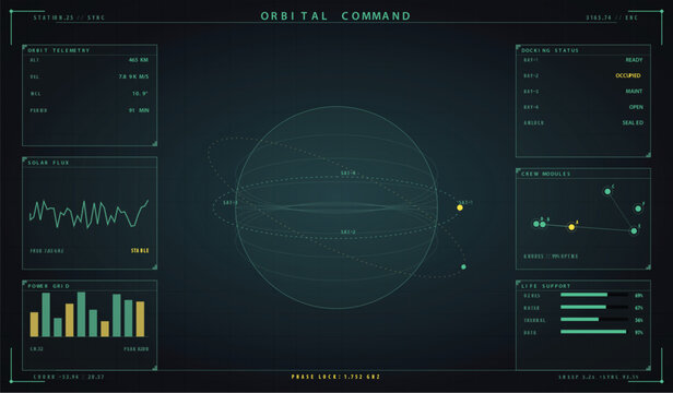 Futuristic digital orbital command dashboard interface with data visualization vector illustration