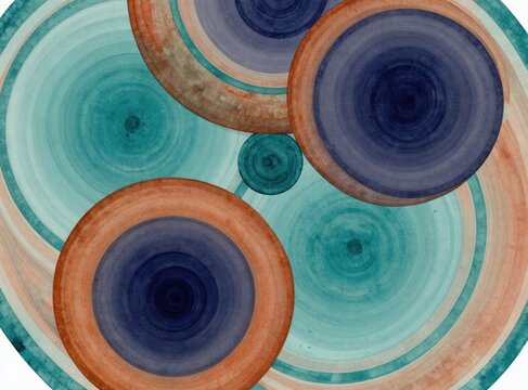 Abstract watercolor illustration with overlapping circles in aqua terracotta navy and cream colors. Concentric rings create textured depth and retro vintage vibe for backgrounds.