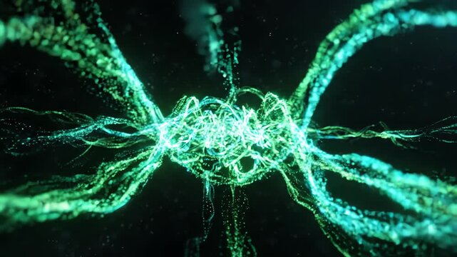 Cinematic glowing trails of emerald and turquoise light weaving into complex hypnotic patterns within a deep three dimensional space
