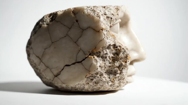 Cinematic rotation of a weathered Roman marble bust fragment showing detailed cracks and ancient decay on a pure white background