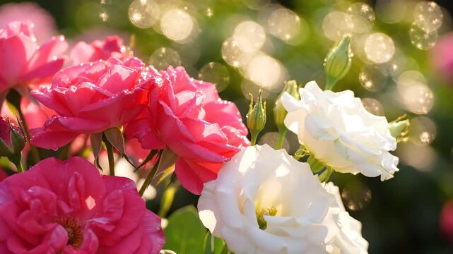 Close up macro shot of fresh pink roses and white eustoma petals gently swaying in a light breeze with sparkling bokeh background