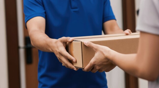 Delivery man hands parcel to customer. Man in blue uniform gives package from online order. Person receives box at door. Happy service, door delivery.