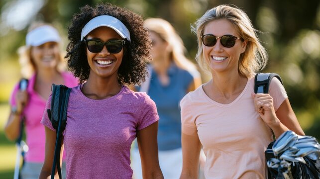 Smiling women golfers enjoying a sunny day on the course