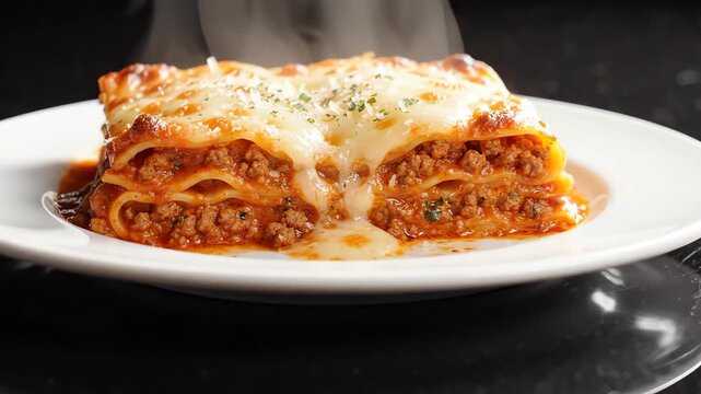 Gourmet lasagne with melted cheese and meat sauce on white plate reflected on glossy black surface with rising steam