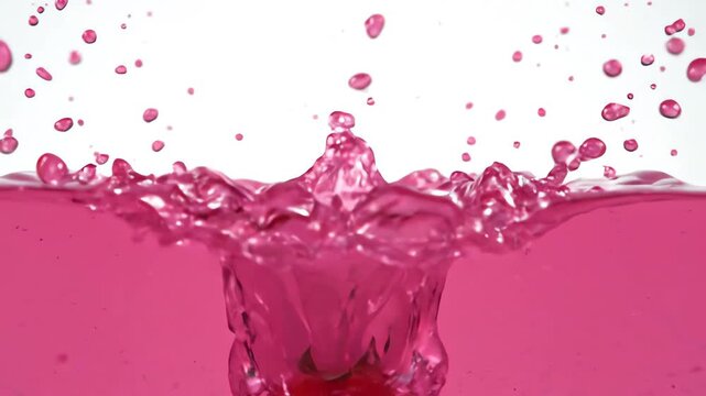 Slow motion strawberry falling into vibrant pink liquid with a worms eye view perspective against a pure white background