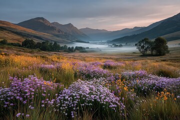 Fototapeta premium Sunrise over misty valley with wildflowers