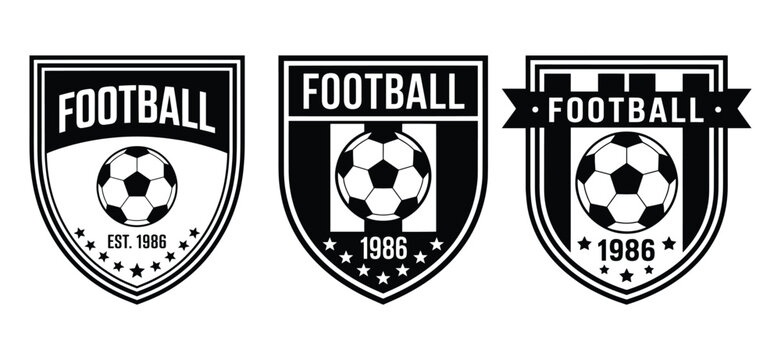 Black White Football Soccer Club Shield Badge Logo Set, Established 1986, Emblem Championship Team Identity Template, Professional Football Club Logo Badge
