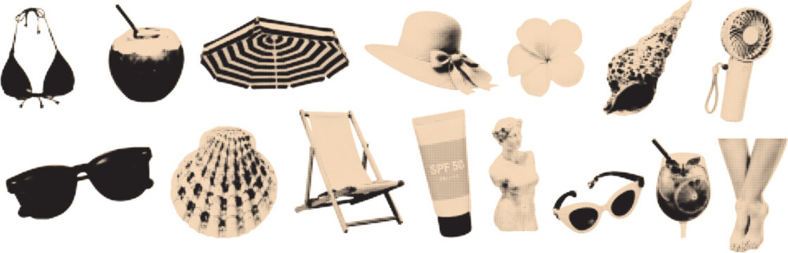 Summer vacation collage cut outs set. Beach lifestyle stickers with sunglasses, coconut drink, umbrella, seashell and swimwear. Modern retro grunge mixed media vector illustration with doodles