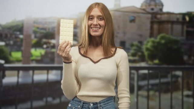 Woman holding white chocolate bar in hand on building balcony, smiling while showing the bar to camera under soft daylight; joyful indulgence.