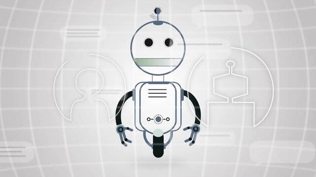 HUD lines starting robot acting centered, user, AI icons sliding, merging, pulsing, showing link