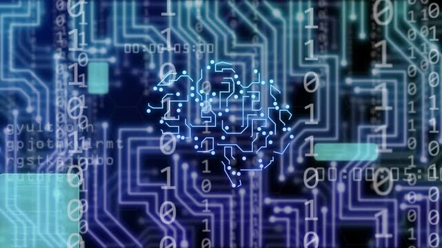 Data pulse sparking neon circuit brain pulsing, nodes moving, code streams scrolling to show flow