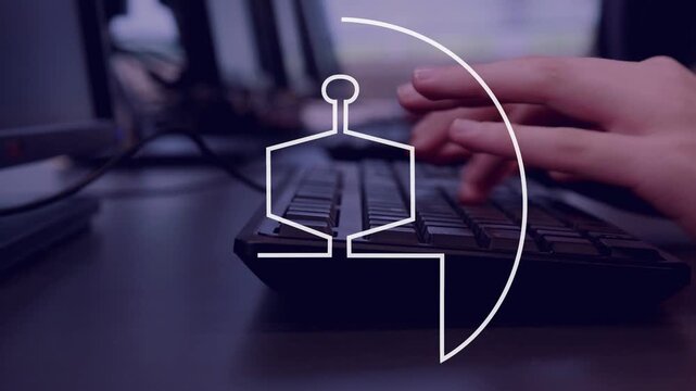 Hands entering frame and typing on keys while arc drawing into robot logo, forming circular overlay