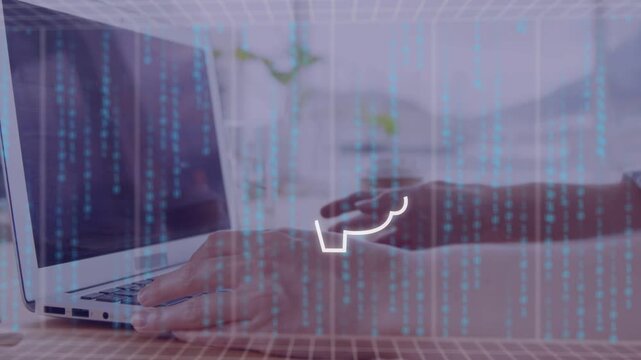 Woman typing at laptop, avatar appearing and chats causing AI brain suggesting content thumbnails