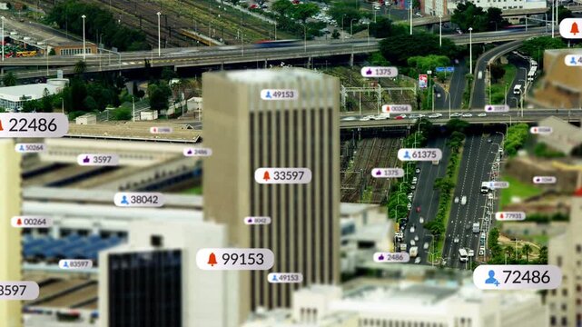 Camera panning, data badges sliding around central tower, showing live urban metrics and traffic