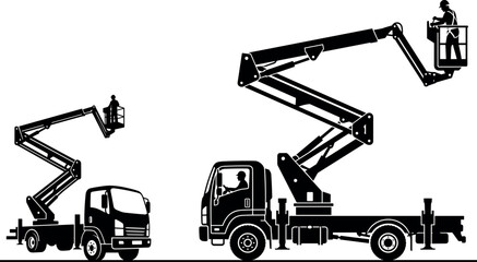 Bucket Truck Silhouette Vector Set with Hydraulic Boom Lift for Construction, Utility Maintenance, and Industrial Work Design © Surjo