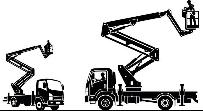 Bucket Truck Silhouette Vector Set with Hydraulic Boom Lift for Construction, Utility Maintenance, and Industrial Work Design