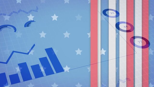 Blue fragments emerging from red white stripe forming patriotic data graphics to visualize trends