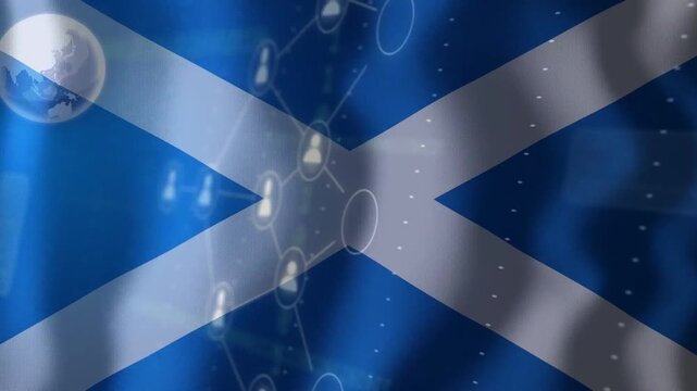 On start Saltire filling frame, globe appearing, device drifting, nodes connecting, showing network