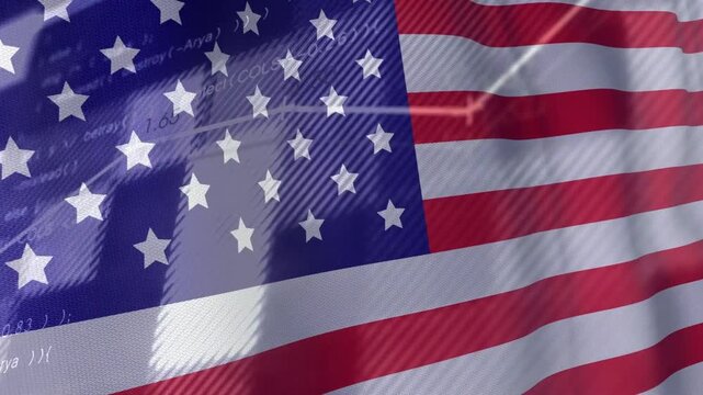 Specular highlight appearing, US flag rippling rightward while overlays sliding, showing data