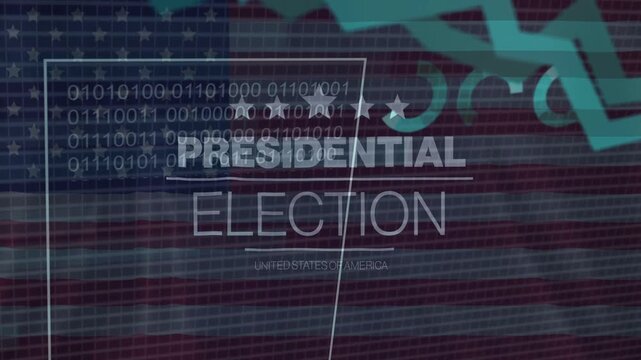 White line graph appearing, PRESIDENTIAL ELECTION shifting as teal data sliding, showing analytics