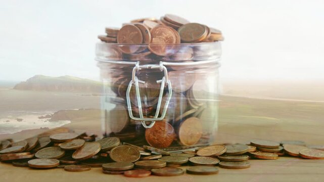Light shifting, coastal overlay fading and glass jar holding copper coins revealing reflections