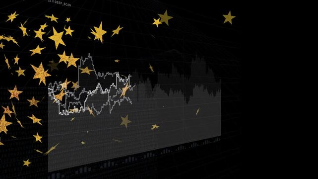 Incoming golden stars drifting from left, forming overlay across data chart to emphasize trends