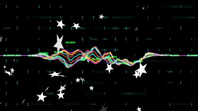 On data spike RGB wave rising to central peak numeric labels updating stars drifting showing signal