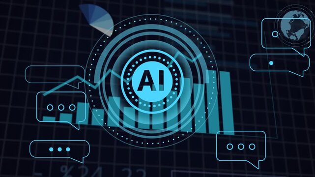Central AI emblem pulsing and rotating on incoming data feed, collecting and analyzing trends