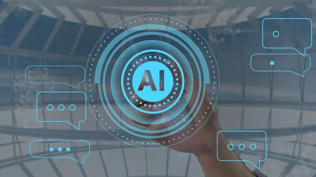 Hand entering, tapping AI HUD, activating AI chat, rings pulsing, chat bubbles growing around dome