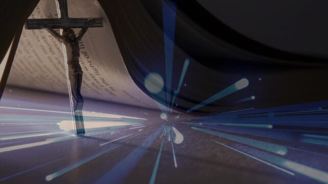 Central point starting blue light streaks, crucifix shifting center, pages fanning, creating depth